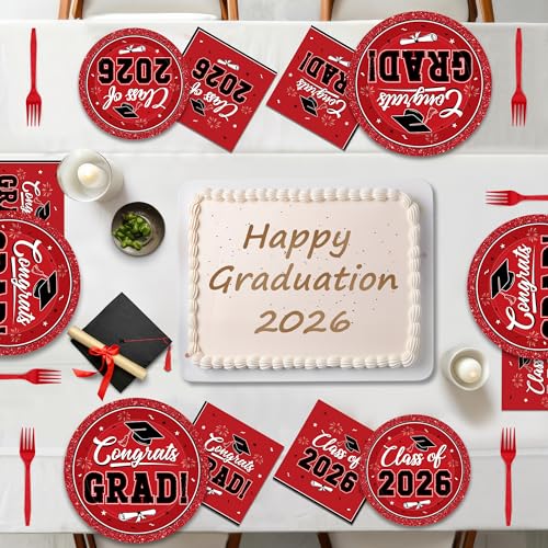 Image of QZYL 200Pcs Graduation Supplies Set 2026, Red Graduation Plates, Napkins, Dessert Plates and Plastic Forks for 50 Guests, Grad Party Disposable Tableware for Wedding, Birthday, Graduation