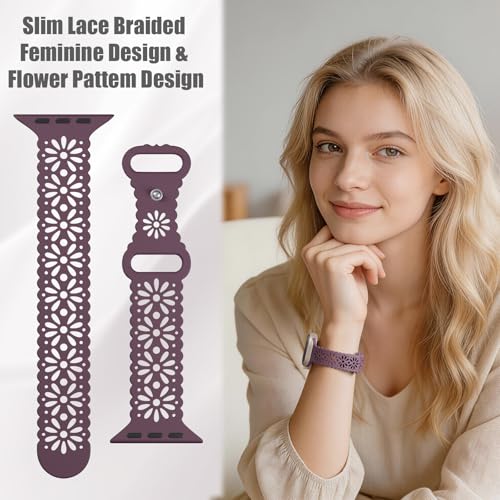 Image of 4 Pack Slim Lace Silicone Bands Compatible for Apple Watch 38mm 40mm 41mm 42mm 44mm 45mm 46mm 49mm, Thin Hollow-out Floral Breathable Strap for iWatch Series 11 /10 /9 /8 /7 /6 /5 /4 /3 /2 /1Ultra SE Women Men