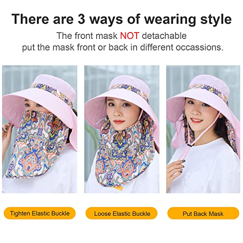 Image of Women Wide Brim Face Mask Sun Hat Detachable Neck Face Flap Ponytail UV Protection Visor Hat Garden Fishing Hiking
