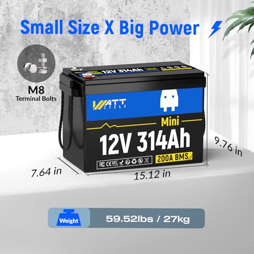 Image of WattCycle 12V 314Ah Mini LiFePO4 Battery, 200A BMS, 4019Wh, 6000+ Cycles