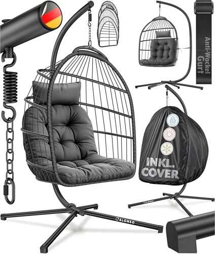 ELONEO Hängesessel mit Gestell und Premium Polster Hängesessel Outdoor und Indoor inkl. Abdeckplane Hängeschaukel Outdoor belastbar bis 160kg Hanging Chair anthrazit