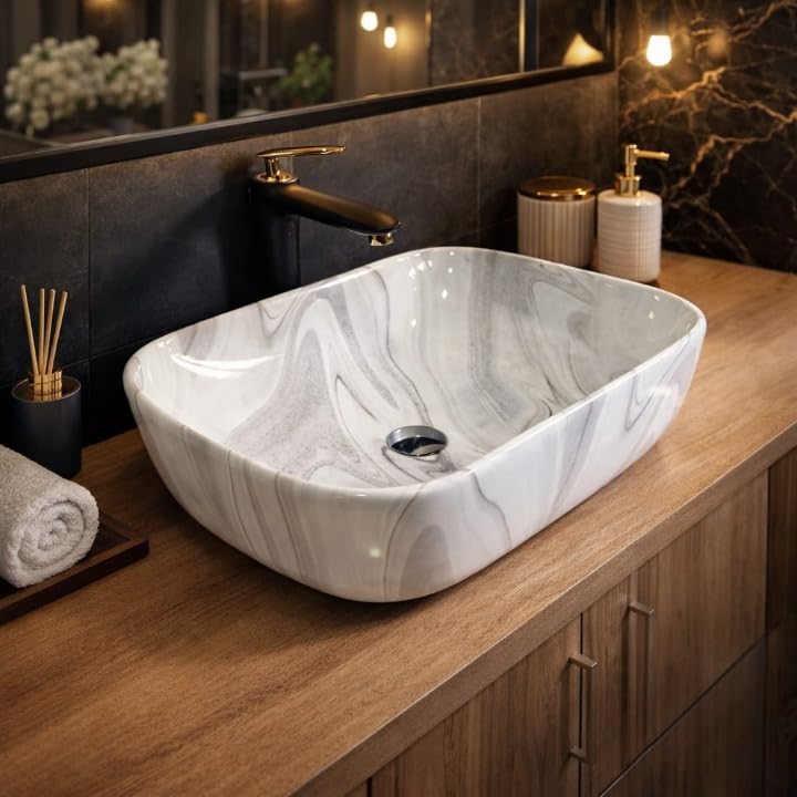 Image of Ceramic Tabletop Wash Basin - Glossy Rectangular Countertop Vessel Sink with Marble Finish for Bathroom & Vanity | Compact 18 x 13 x 5 Inch | Elegant Washbasin