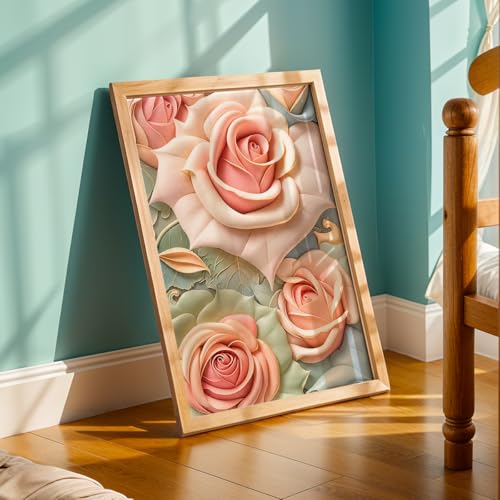 Image of NoWorries 3D Rose Floral Wall Painting with Frame Set of 1 | Premium Textured Pastel Flower Artwork, Luxury Botanical Nature Wall Decor for Living Room, Bedroom, Office and Home Decoration (3d Art-2,13x19inch)