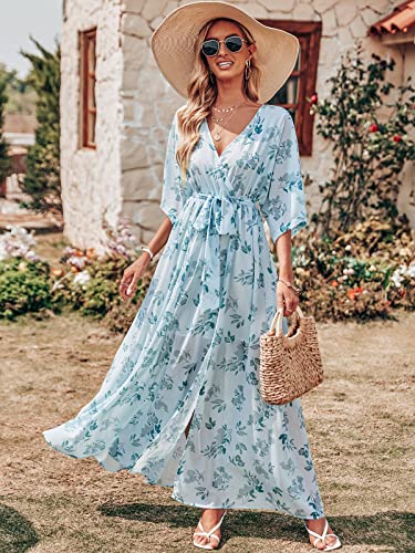 Image of ANRABESS Womens 1 /2 Sleeve Beach Wedding Guest Maxi Dresses 2026 Summer Wrap V Neck Boho Floral Flowy Slit Long Dresses
