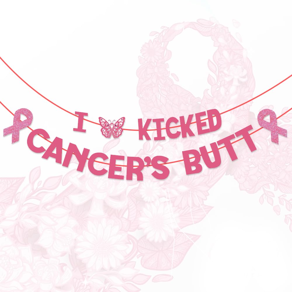 ALIBBON Breast Cancer Awareness Banner, Pink Ribbon & Butterfly, I Kicked Cancer's Butt, Indoor/Outdoor/Parade, Pink
