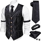 Barry.Wang Mens Black Flower Waistcoat Lapel Collar Paisley Silk Suit Vest tie Sleeve Holder Set Casual Prom
