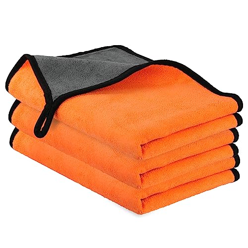 URAQT Microfibre Cleaning Cloths 3 Pack Car Cleaning Cloths Two-layer Thickened Microfibre Towels Lint Free Super Absorbent Cleaning Towel for Car Washing Drying Detailing Orange 40x60cm