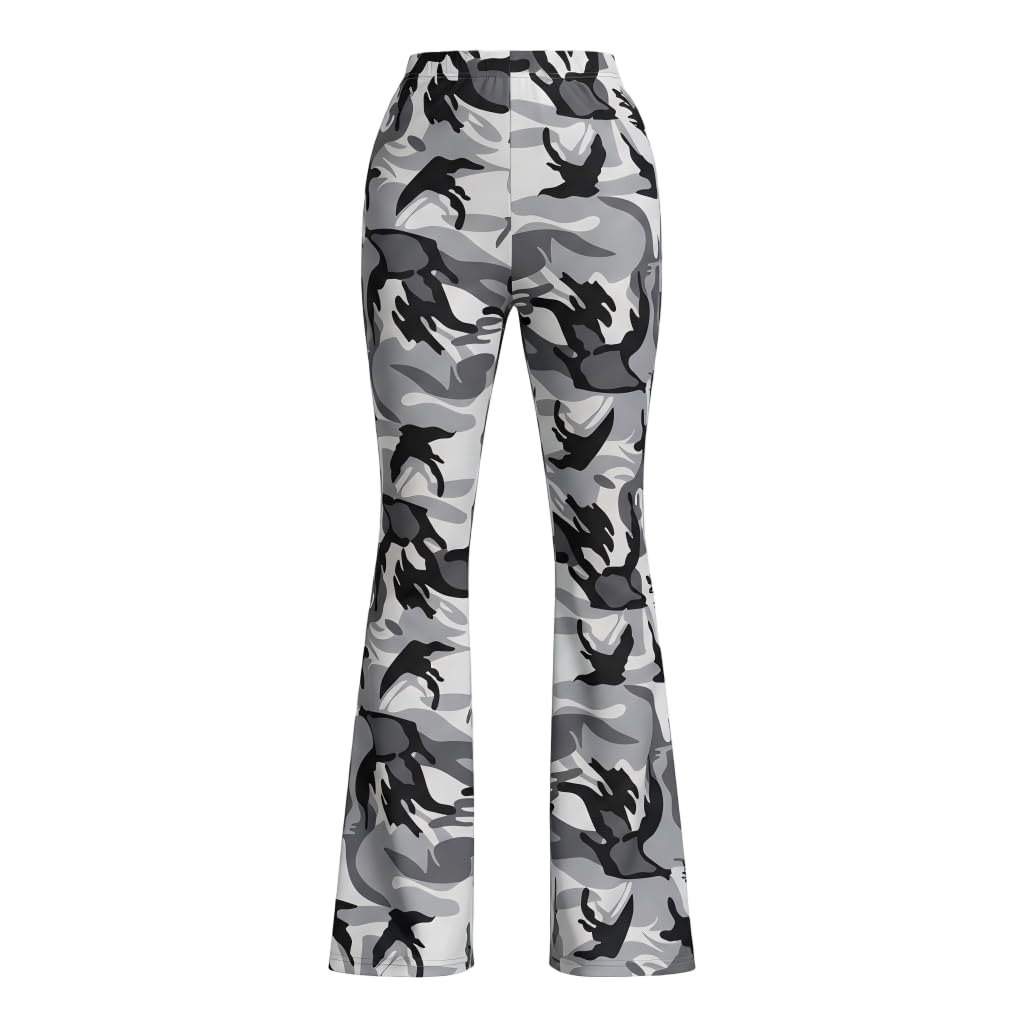 Womens Gray Camo Print High Waisted Flare Pants - Stretchy Urban Camouflage Bell Bottom Leggings