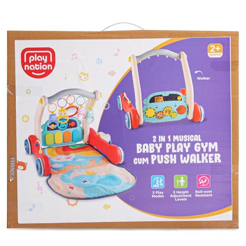 Image of Play Nation Premium 2 in 1 Musical Baby Play Gym With Convertible Push Walker,Piano, Hanging Rattles,Lights & Music,Activity Play Mat Carpet for Kids & Toddlers,Toys for Newborns 0+ Months, Multicolor