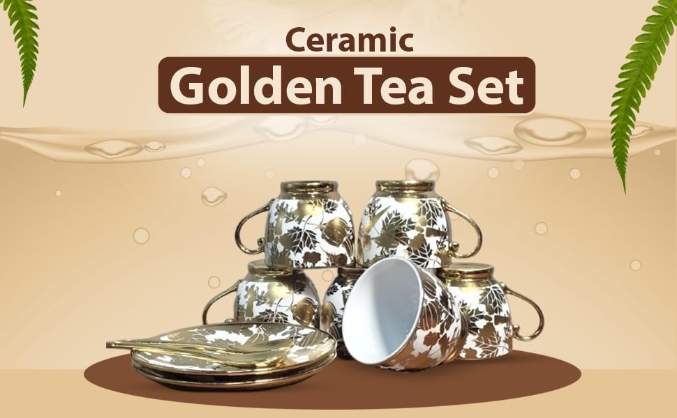 Image of Premium Ceramic Tea Set - 18 PCS | Elegant Gold-Plated Tea Cup Set with 6 Cups, 6 Saucers, 6 Spoons | Ideal for Home, Office, and Parties (Golden)