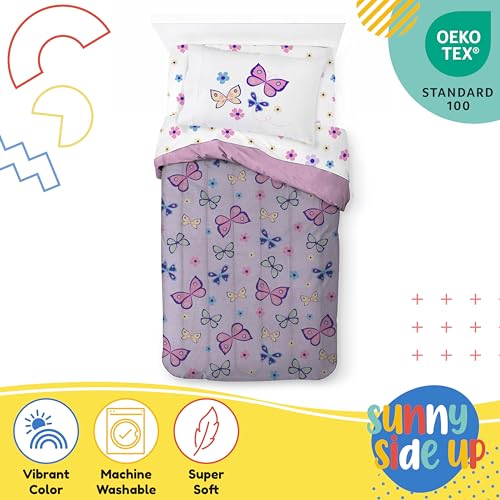 Image of Sunny Side Up Butterfly Twin Comforter Set - 5 Piece Kids Bedding Includes Comforter, Sheets & Pillow Cover - Super Soft Purple Floral Microfiber Bed Set