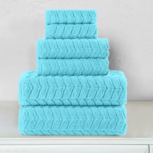 Image of Elegant Comfort Luxury 6-Piece 100% Turkish Cotton Jacquard Braided Textured Premium Hotel Quality Towel Set- Soft and Absorbent, Includes 2 Bath Towels, 2 Hand Towels and 2 Washcloths, Aqua