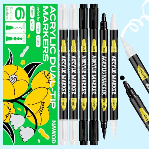 6 White and Black Acrylic Paint Pens Markers, with Medium Tip and Brush Tip, Acrylic Permanent Marker for Rock Painting Fabric Canvas Glass Wood Leather Ceramic Paper DIY, Ideal for Kids and Adults