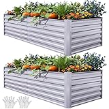 YITAHOME 8x4x2ft 2pcs Large Raised Garden Bed Kit, Galvanized Metal Planter Box with Gloves, Ground Nails & Safety Rubber, Outdoor Above Ground Planters for Plants Vegetables Flowers, Silver
