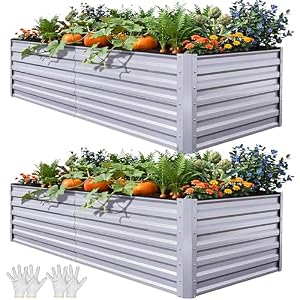 YITAHOME 8x4x2ft 2pcs Large Raised Garden Bed Kit, Galvanized Metal Planter Box with Gloves, Ground Nails & Safety Rubber, Outdoor Above Ground Planters for Plants Vegetables Flowers, Silver