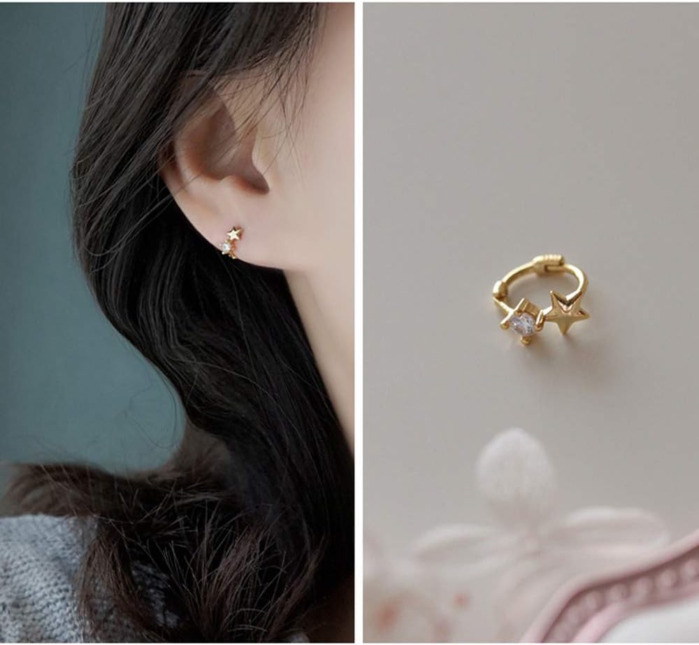 Cute CZ Star Cartilage Mini Tiny Cuff Small Hoop Earrings for Women Teen Girls Sensitive Ear S925 Sterling Silver Dainty Tragus Huggie Hoops Sleeper Hooped Hypoallergenic Piercing Jewelry Gifts Bff - Image 5