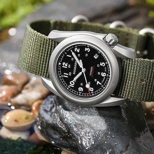 Image of BODERRY Men's Watch Titanium Automatic Field Watch 40mm Military Watch Day Date Function 100M Waterproof with Nylon Strap Japanese Mechanical Movement & Screw Down Crown-Voyager