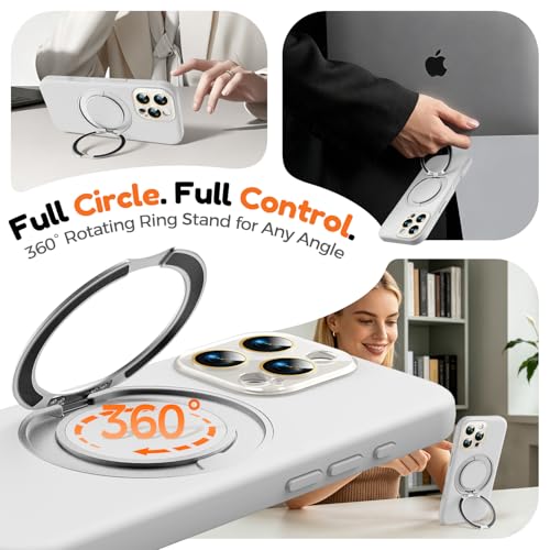 Image of Silicone 360 Spin Magnetic Stand Case for iPhone 16 Pro Max, [Compatible with Mag-Safe][Reinforced Hard Camera Protection] Liquid Silicone Rubber Phone Cover with Ring, Camera Button, White