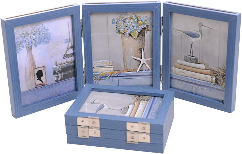 Collage Picture Photo Frames - 3.5x5, Triple Hinged 3 Desk Picture Frame, Wooden Desk Tabletop Family Photo Frame with Glass Opening, Decorative Folding Trifold Picture Frame Stand Vertical, Blue
