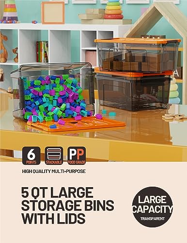Image of WYT 5-Quart Small Storage Container Bin with Orange Secure Lid and Black Clear Latch Buckles, Durable Plastic Stackable Nestable Organizin, 6-Pack