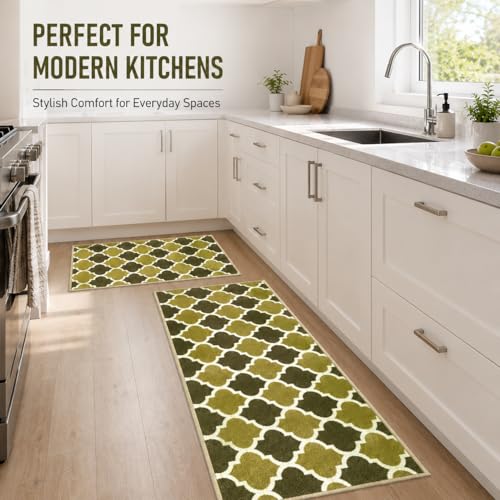 Image of Matz&More Anti Slip Kitchen Runner & Doormat Combo (50x120cm + 40x60cm), Nylon Tufted Floor Mat with Rubber Backing, Carpet for Bedroom, Bathroom, Entrance & Bedside, Trellis Two Toned Olive