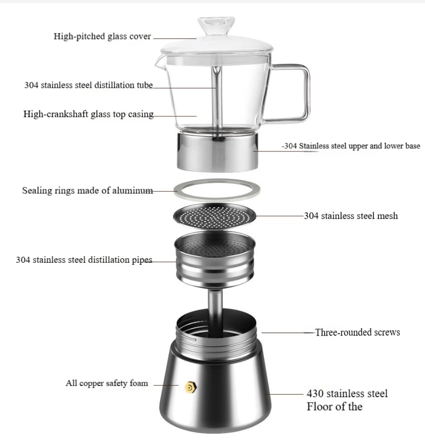 Olla de café espresso y moca de vidrio de borosilicato, doble válvula de acero inoxidable, cafetera italiana clásica, 240 ml (4/6 tazas)