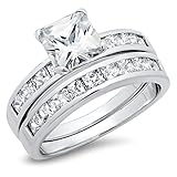 Sterling Silver Cubic Zirconia 2.8 Carat tw Princess Cut CZ Wedding Engagement Ring Set
