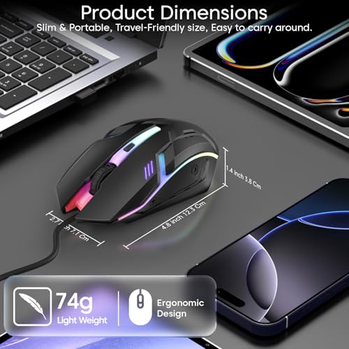 Image of Sounce Nitro Wired Gaming USB Mouse 800 /1200 /1600 DPI Optical Sensor, 4-Level Adjustable DPI, RGB Lighting, Smooth Tracking, Ergonomic Grip, Plug & Play for Laptop & PC (Black)