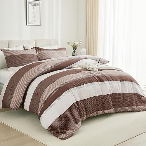 Litanika Brown Comforter Set California King - 3 Pieces Lightweight Brown White Colorblock Stripe Fluffy Bedding Comforter Sets, All Season Bed Set