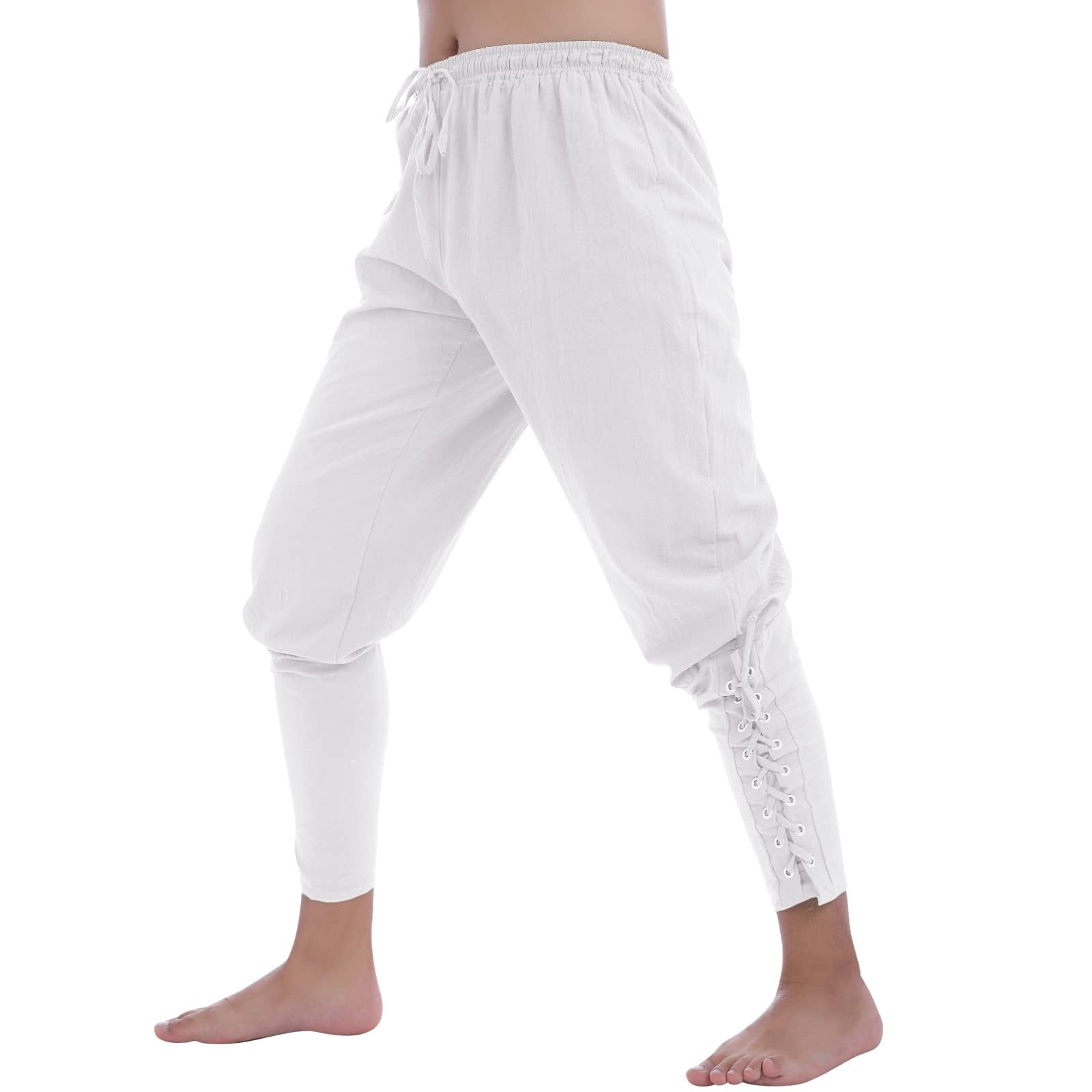 Generisch Men's Medieval Trousers Vintage Renaissance Viking Pirate Trousers Plain Baggy Leisure Trousers Cosplay Carnival Costume Gothic Steampunk Victorian Halloween Costume, O White, S