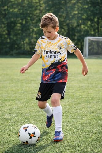 Image of Real Madrd New Season Dragon Print Kids Football Jersey Set | T-Shirt & Shorts for Boys | Sportswear for Football Playing & Fan Wear | Yellow Red