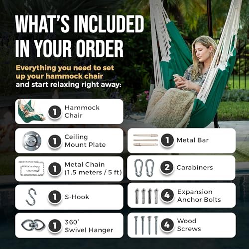 Image of Hanging Hammock Chair Swing - Hanging Chair Outdoor & Indoor - Hammock Swing Chair - Quick & Easy Setup with Hardware Kit - Durable & Spacious Full Body Support - Holds 440 Lbs