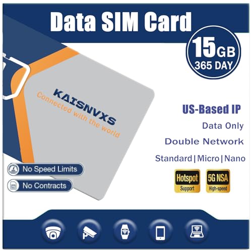 Data Only SIM Card - 15GB of 4G LTE Data with US-Based IP Network for Unlocked 4G Security Camera Portable WiFi Hotspot Device Mobile Hotspots WiFi Routers No Contract 365 Days Data Service