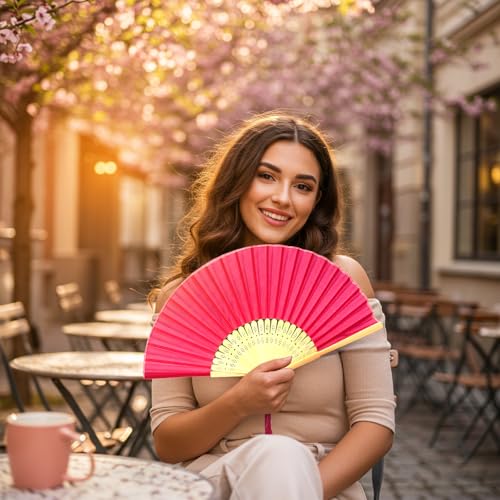 Image of Fabric Handheld Folding Hand Fan With a Tassel Grade A Bamboo Ribs for Women Girls Summer Party Event Favor Birthday Wedding Souvenir Gift (Deep Pink)