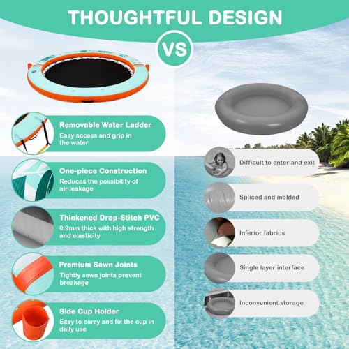 Image of Inflatable Water Hammock Floating Dock 8 FT with Mesh, Tanning Pool Raft Round Ring for Adults, Float Platform for Lake and Beach with Water Ladder and Cup Holder