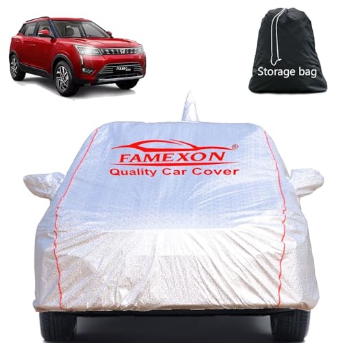 Image of Full Body Car Cover for Mahindra XUV400 with Mirror and Antena Pocket Triple Stiched(Silver with Red Piping)