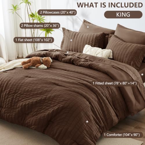 Image of HIMEET King Size Comforter Set - 7 Pieces Seersucker Bed in a Bag, Boho Bedding Sets for Bedroom Decor, All Season Home Essential Bed Set with Comforter, Sheets, Pillowcases & Shams, Brown