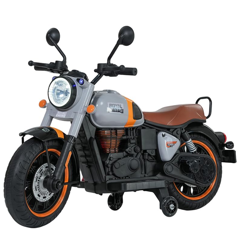 Image of BRoyal Enfield 12V Battery Operated Ride-On Classic-350 Bike for Kids | Rechargeable Electric Bike with LED Lights, Music & Horn | Ages 2-8 Years (Grey)