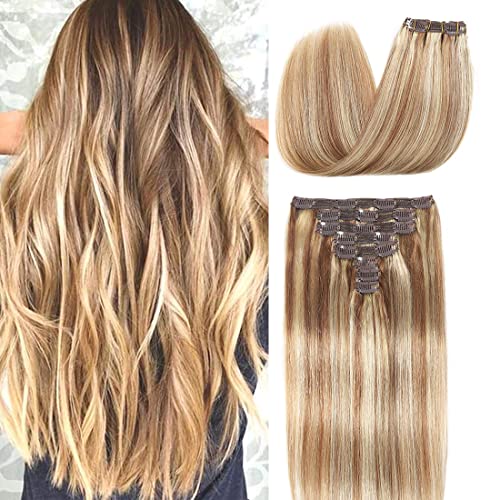 Clip in Hair Extensions Real Human Hair 8 Pieces Straight Real Remy Human Hair Full Head Human Hair Extensions Clip in Double Weft Real Remy Hair (#12/613 Golden Brown Mix Bleach Blonde