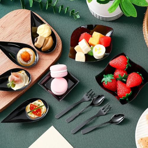 Tessco 200 Pcs Mini Appetizer Plates with Spoons Forks Disposable Mini Dessert Plates Plastic Appetizer Bowls Tiny Individual Serving Trays for Party(Black,Classic) - Image 6