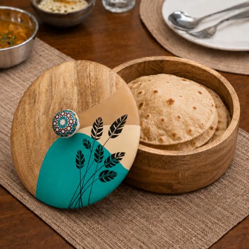 Image of Artysta 'Green Leaf' Wooden Chapati Box | Wooden Casserole For Roti | Chapati Box For Kitchen | Roti Box with Lid | Housewarming Gifts | Handpainted Roti Box | Mango Wood 8inch, 1080ml