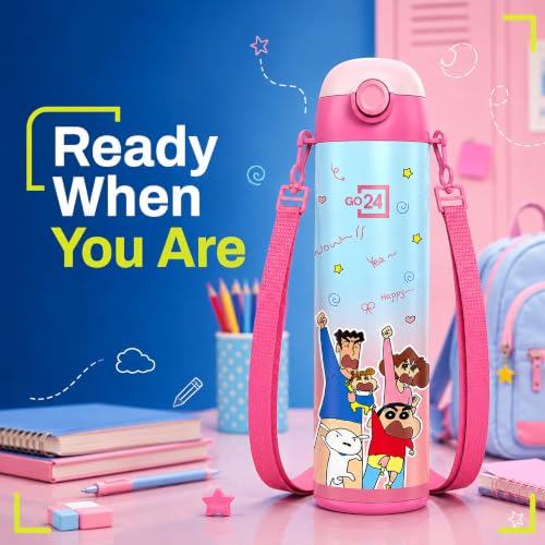 Image of Go24 pexpo Crayon Shinchan ISI Certified Stainless Steel Water Bottle for School Kids - 500ml | 2-Year Warranty | 3 Layer Insulation | Hot & Cold Vacuum Flask | 4+ Years |Pink Nohara Family