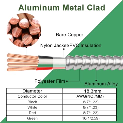 Image of 100ft 8 /3 Metal Clad (MC) Cable with Ground, 8 Gauge Electric Wire with Aluminum Armor, Solid Bare Copper Conductors for Indoor Outdoor Underground Embedded Installation (8 /3, 100 ft)