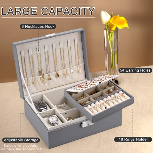 Pystuvo Jewellery Box for Women, 2-Layer Large Jewellery Organiser Box with 2 Watch Pillows, PU Leather, Travel Jewellery Organiser for Earrings Rings Necklaces Watches Bracelets,Grey - Cosy Home Interiors Pystuvo Jewellery Box for Women, 2-Layer Large Jewellery Organiser Box with 2 Watch Pillows, PU Leather, Travel Jewellery Organiser for Earrings Rings Necklaces Watches Bracelets,Grey - Image 2