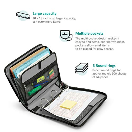 3-Inch Zipper Binder, 3 Round Rings Binder with Expanding File and Shoulder Strap, Black