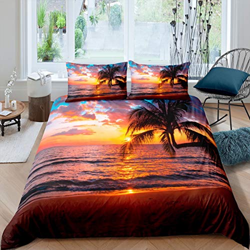 Feelyou SX20047ZSJ2 FULL Women Ocean Beach Duvet Cover For Kids Adults Girls Chic Sea Sunset Scenery Comforter Cover Tropical Palm Tree Bedding Set Hawaiian Holiday Bedspread Cover Room Decor Full Size Bedclothes cover