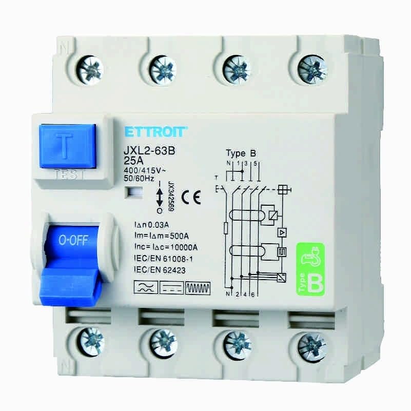 Interruttore Differenziale Puro Magnetotermico 4P 25A 30mA CURVA B 6KA AC/DC 380V 30mA CURVA B per Guida DIN - 4 Moduli DIN - Protezione Circuiti e Sicurezza Impianti