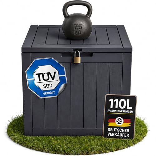 Ondis24 City Cube, Kunststoff Box, Abschließbare Poolbox, Sitzbox, Paketbox, Balkonbox 110L, Beige, 55x43x53cm, 75kg Gewichts- & Sitzbelastbarkeit - für Pool- & Gartenbesitzer