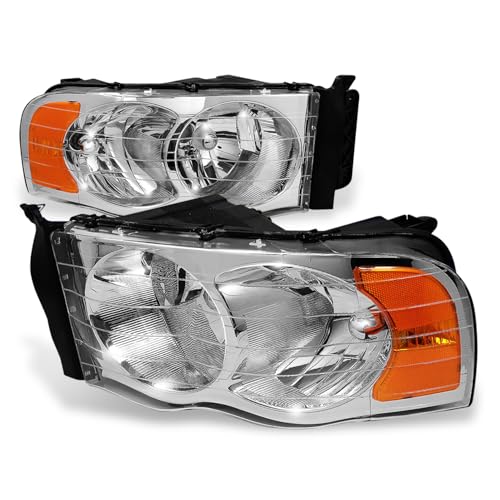 Image of Auto Dynasty Headlights for 02-05 Dodge Ram 1500 2500 3500, Chrome Amber | Headlights Assembly for 02-05 Dodge Ram 1500 2500 3500, Driver and Passenger Side Halogen Headlamps Replacement, Chrome Amber