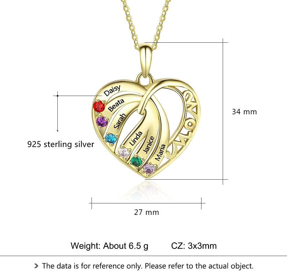 Lovejewelry Personalized Sterling Silver Hearts Necklace with 6 Simulated Birthstones for Women Customized Mothers Names Necklace for Mother's Day Family Name Necklaces for Mom